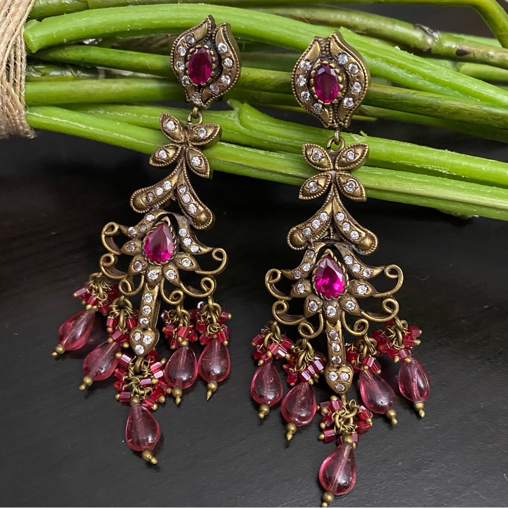 Indian Tikka Brass & Ruby Red Magenta Chandelier Earrings